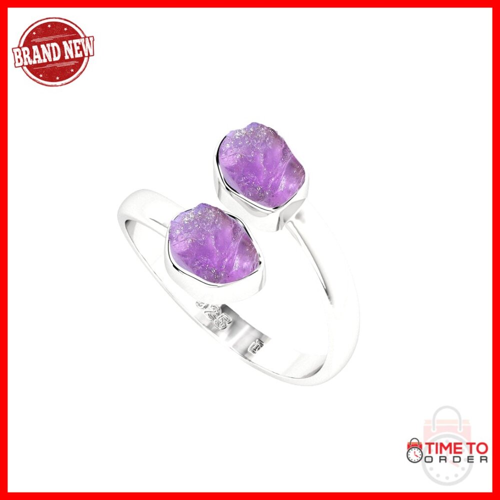 Sterling Silver Adjustable Stackable Ring With Raw Amethyst Gemstones